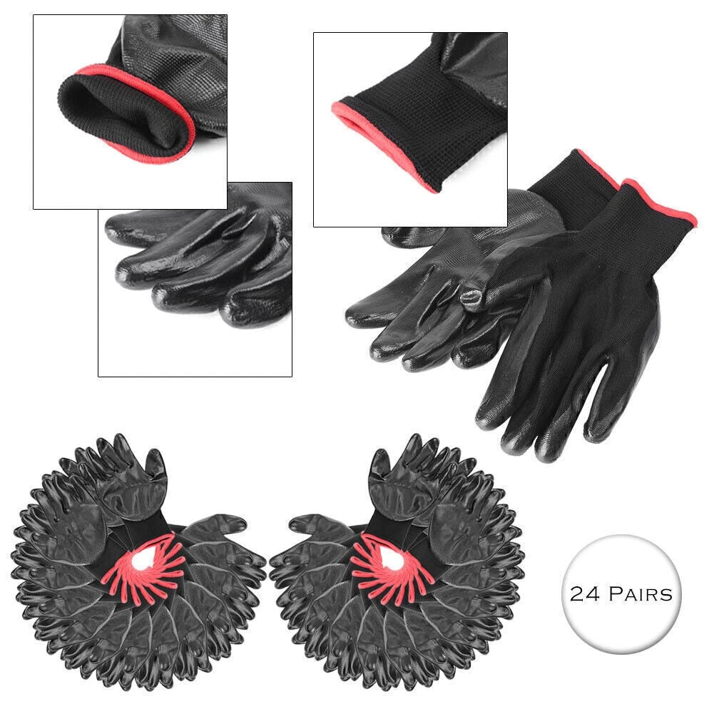 24 Pairs Nylon PU Safety Coated Work Gloves Builders Grip Black