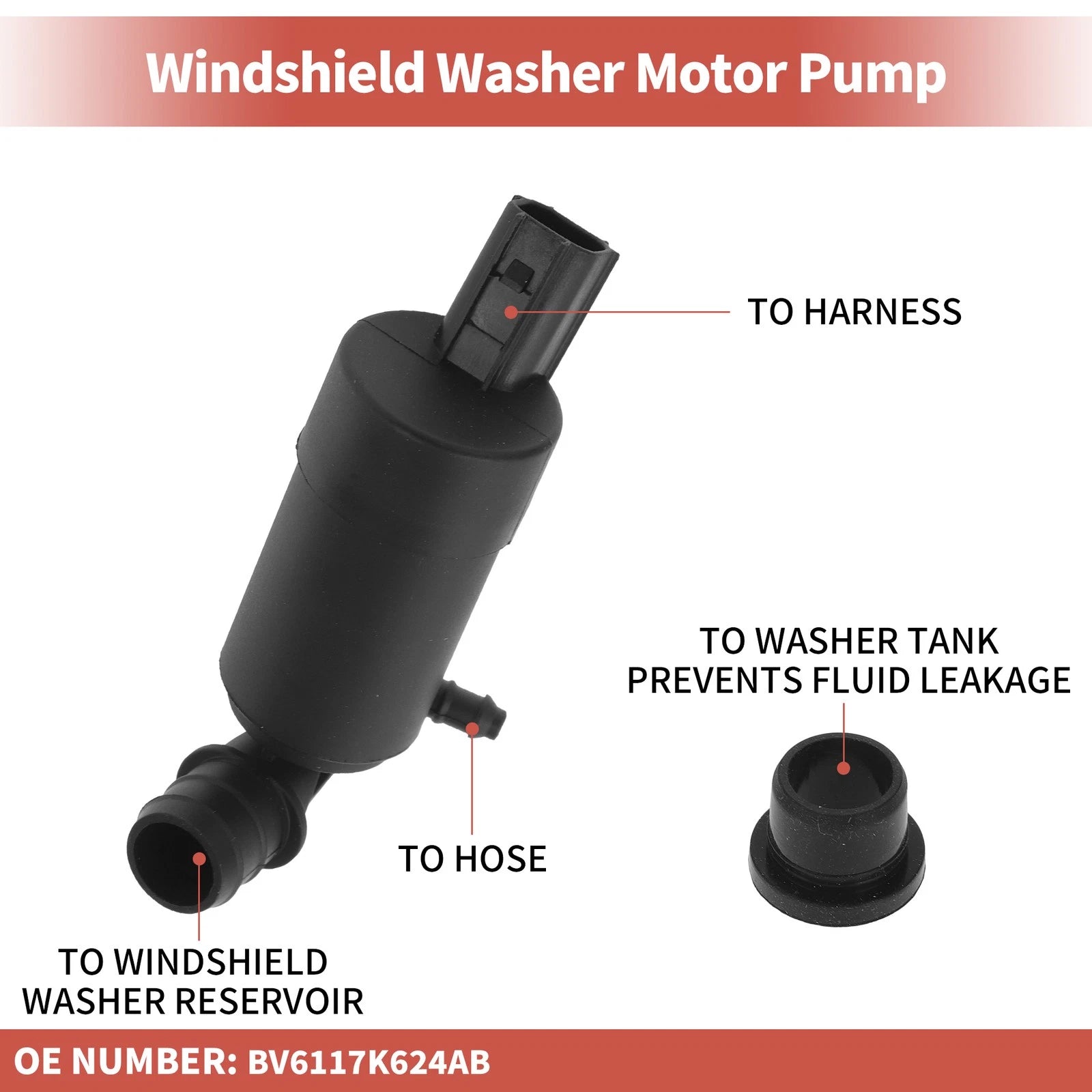 Windshield Washer Pump w/ Grommet for Ford (No.BV6117K624AB)