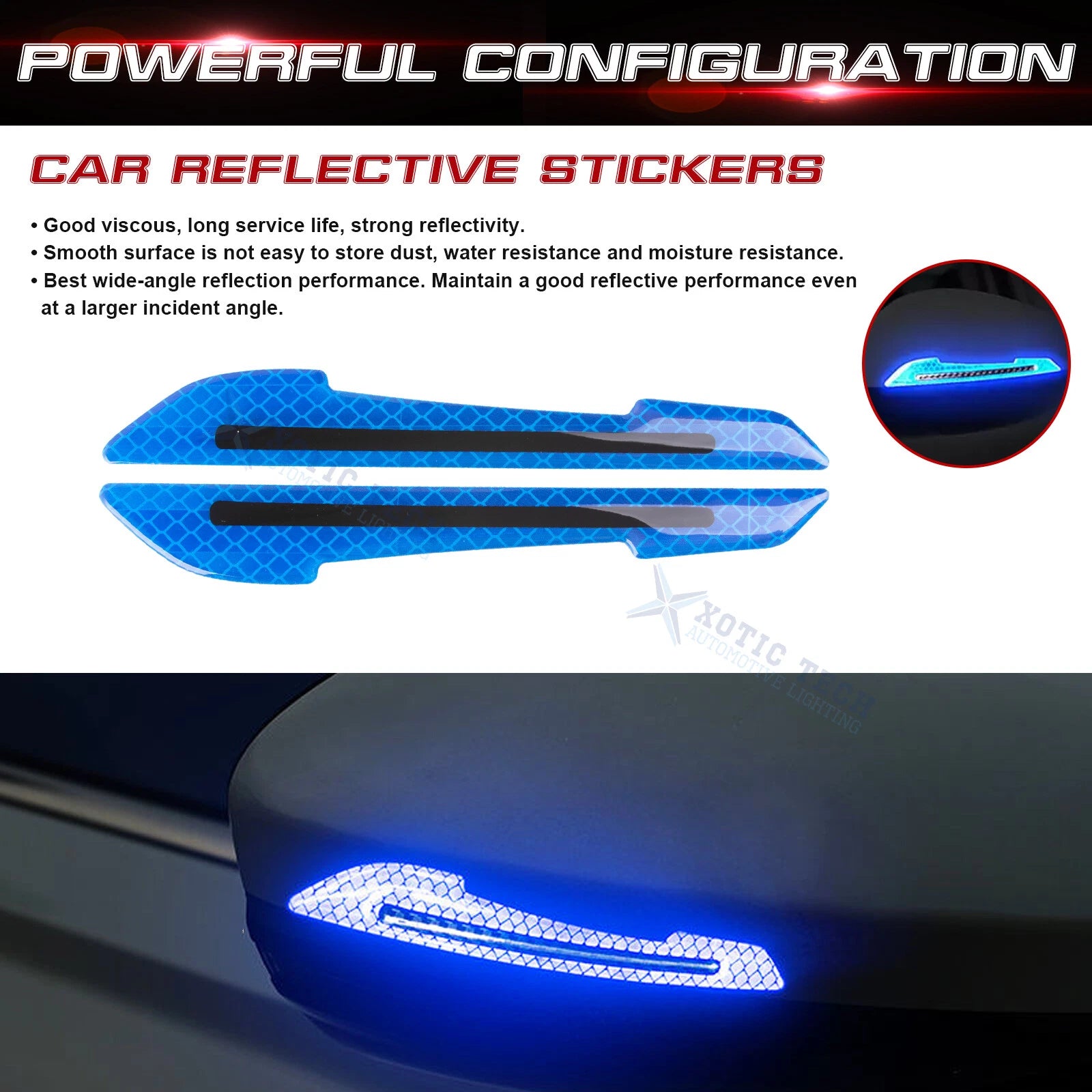 2PC Blue Reflective Night Warning Rearview Mirror Decals Kit for Cars (Universal) (2024-2026)