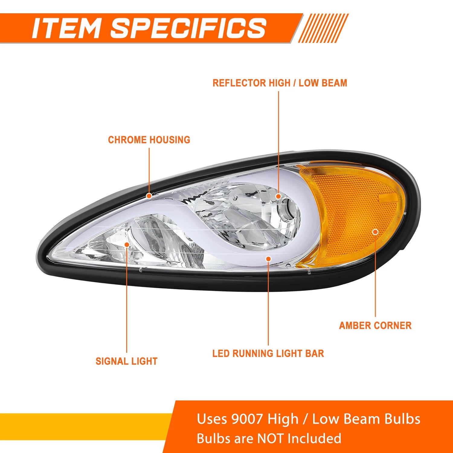 LED DRL Headlight Lamps for Pontiac Grand Am (1999–2005) Chrome Housing Amber Corner
