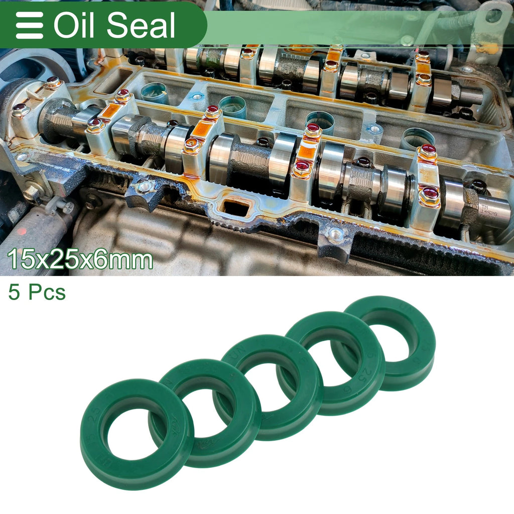 Set of 5 Oil Seal Rotary Shaft Seal 15x25x6mm High Pressure Green for Various Models