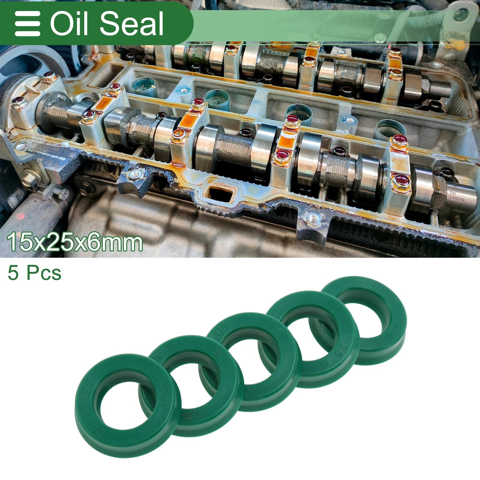 Set of 5 Oil Seal Rotary Shaft Seal 15x25x6mm High Pressure Green for Various Models