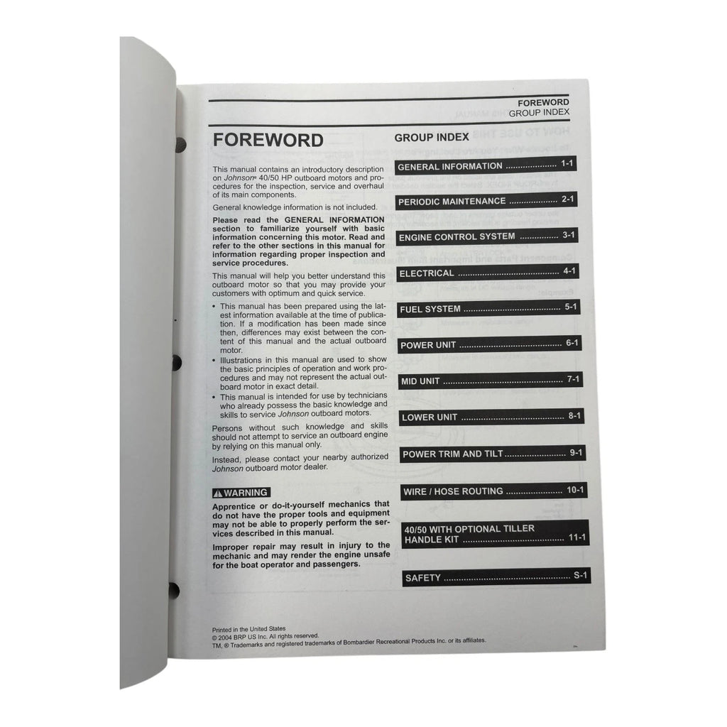 Service Manual for Johnson 5005994 4 Stroke 40/50 HP (2005)