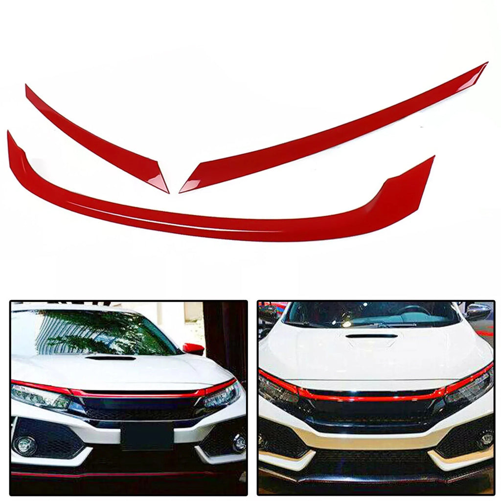 3PC Glossy Red ABS Front Grill Trim Cover Garnish for Honda Civic (2016–2021)