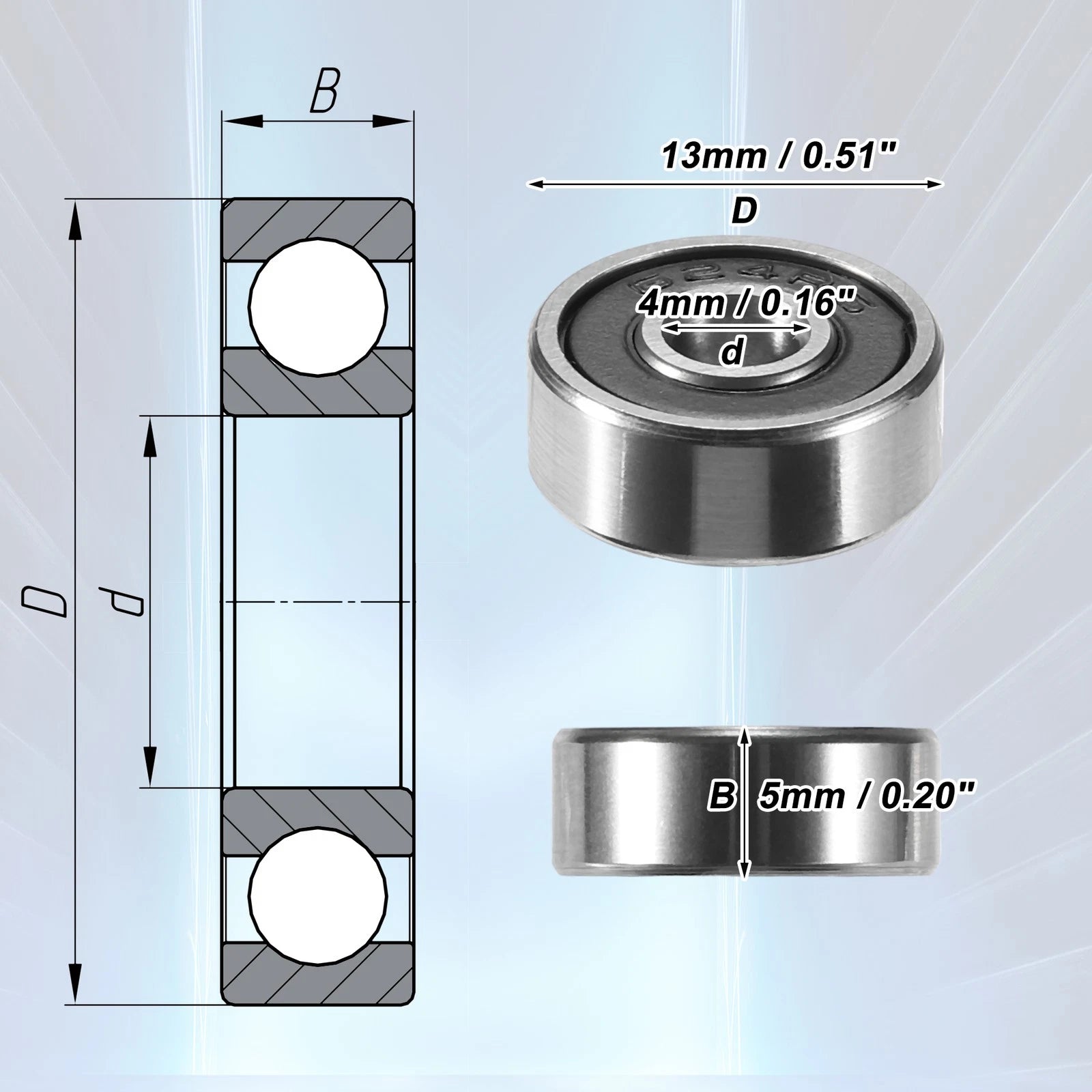 2 Pcs 624-2RS Deep Groove Ball Bearings for Auto (4x13x5mm)