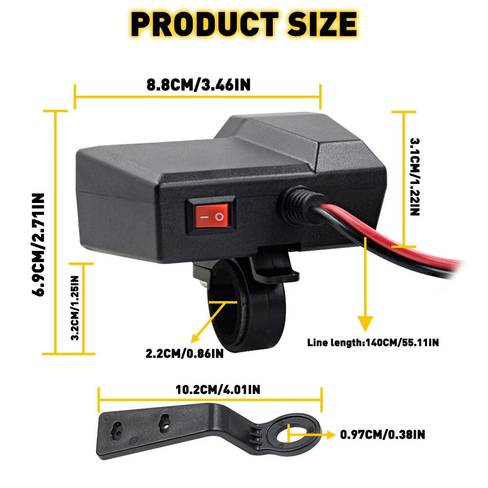 Dual USB Charger with LED Voltmeter for Motorcycle Handlebar