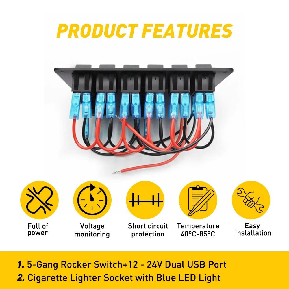 6 Gang Waterproof Circuit Rocker Switch Panel for Car Marine Boat (12V/24V)