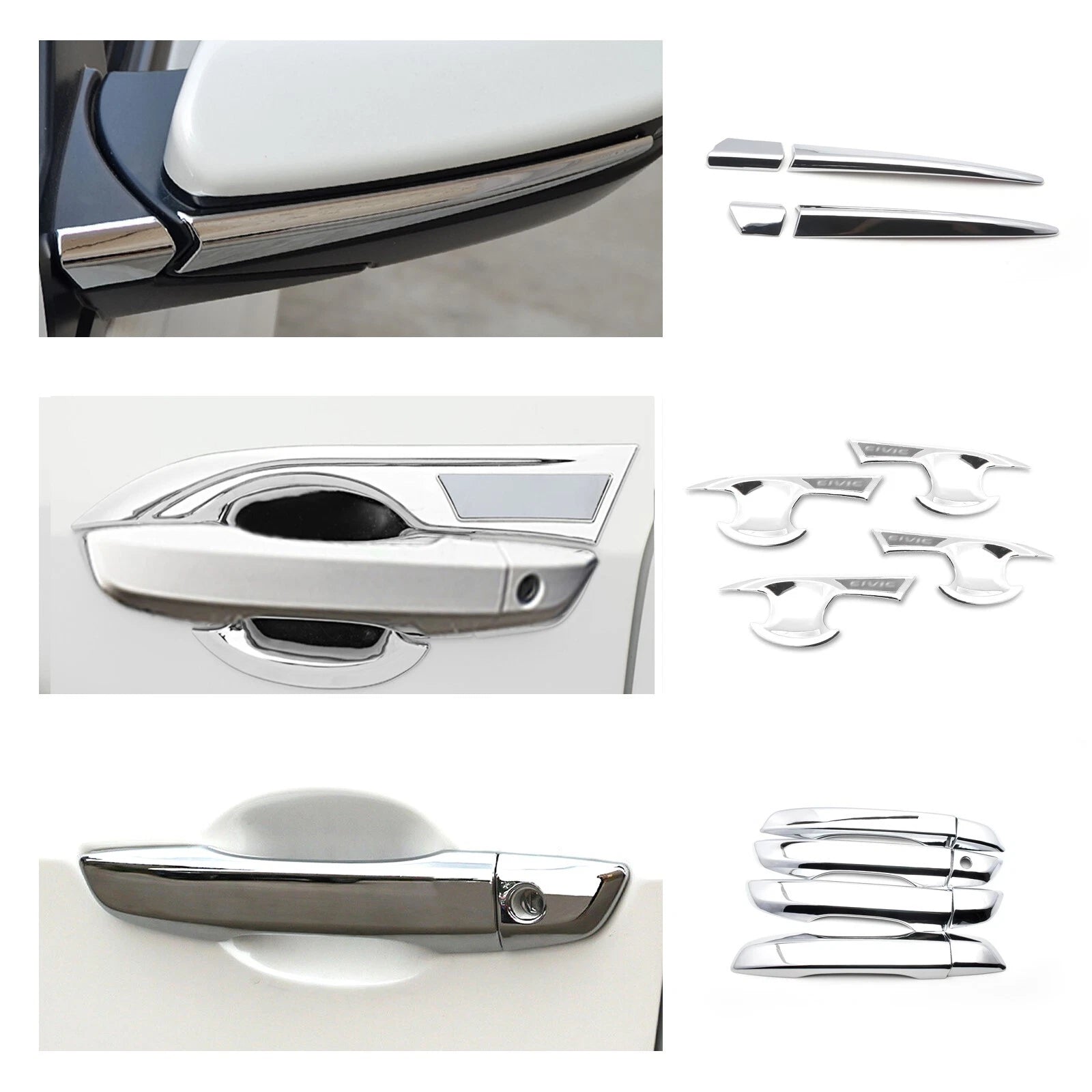 Chrome Door Handle Bowl Side Mirror Stripes Decor Trim for Honda Civic (2016-2021)