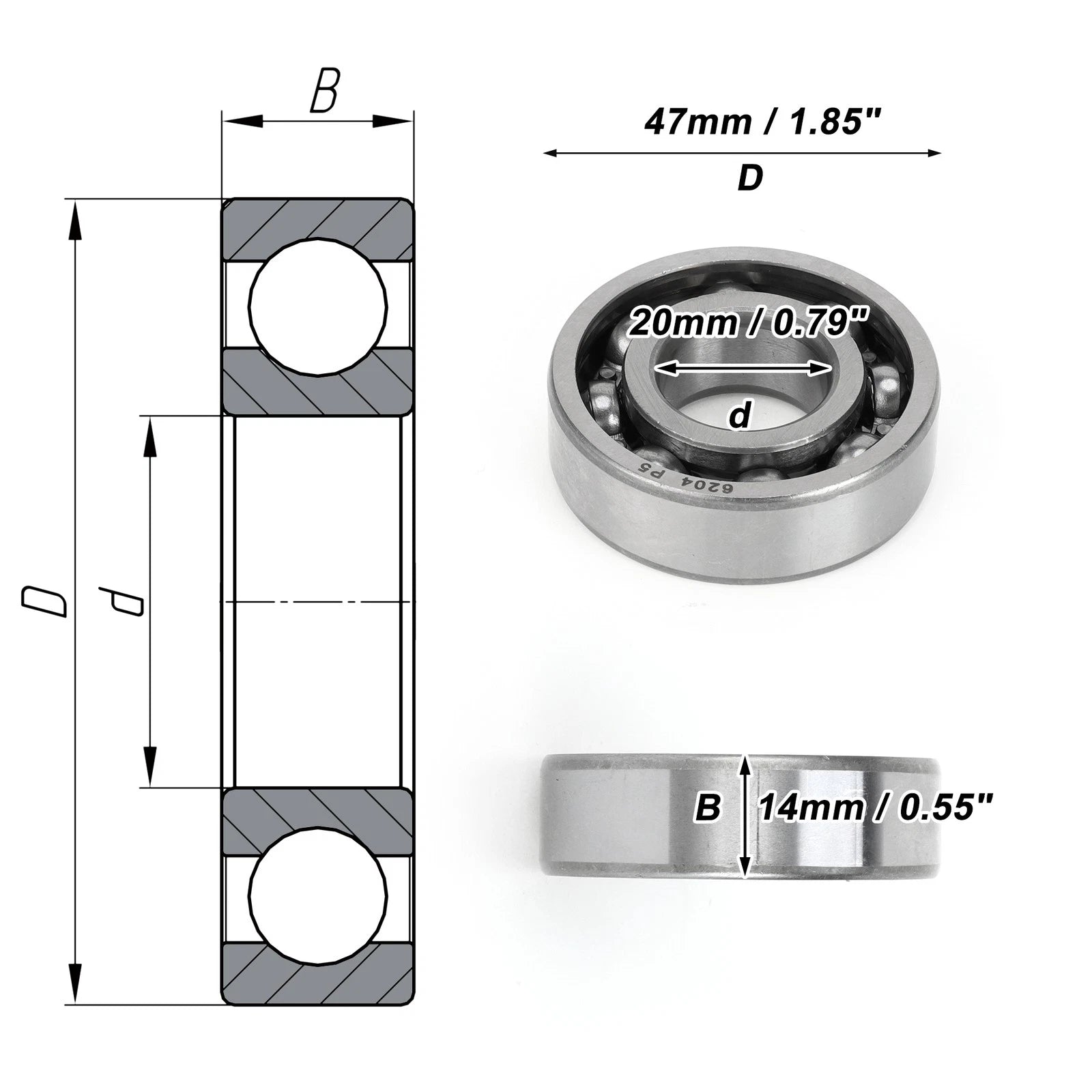 Deep Groove Ball Bearing 20x47x14mm for Scooter Skateboard (Single)