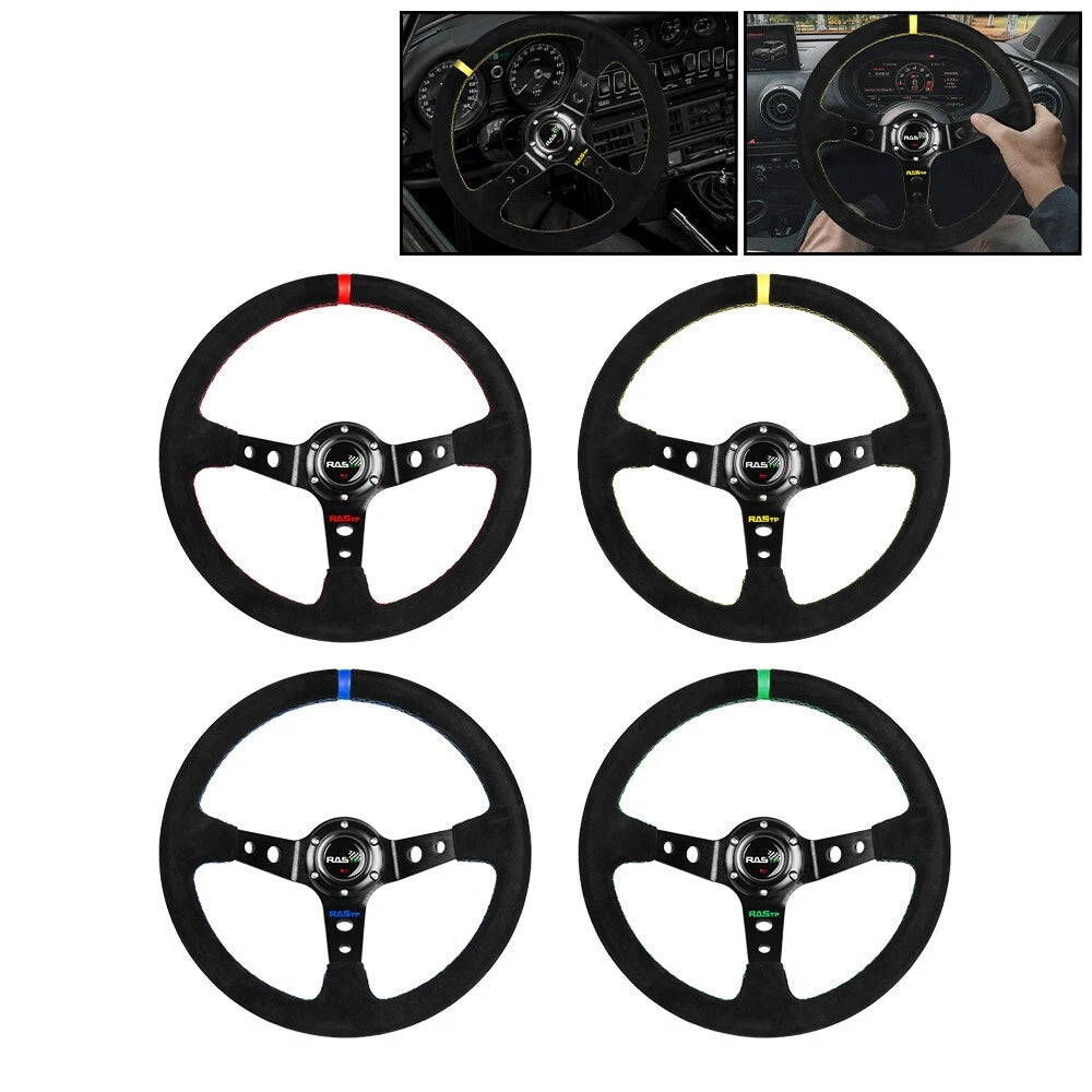 14-Inch Deep Dish Suede Leather Steering Wheel for Universal Fit (Racing)