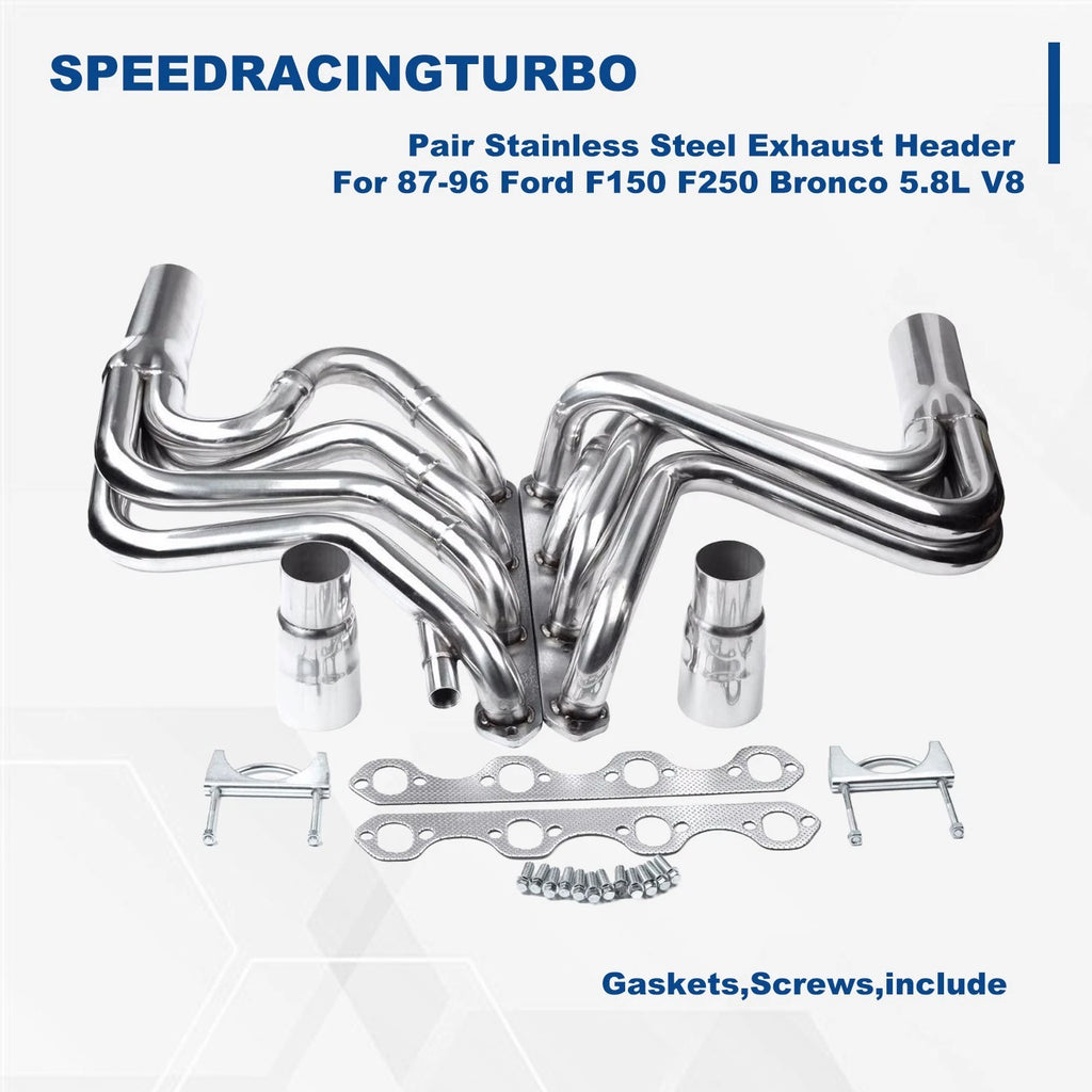 Pair Stainless Steel Exhaust Headers for Ford F150 F250 Bronco (1987–1996)