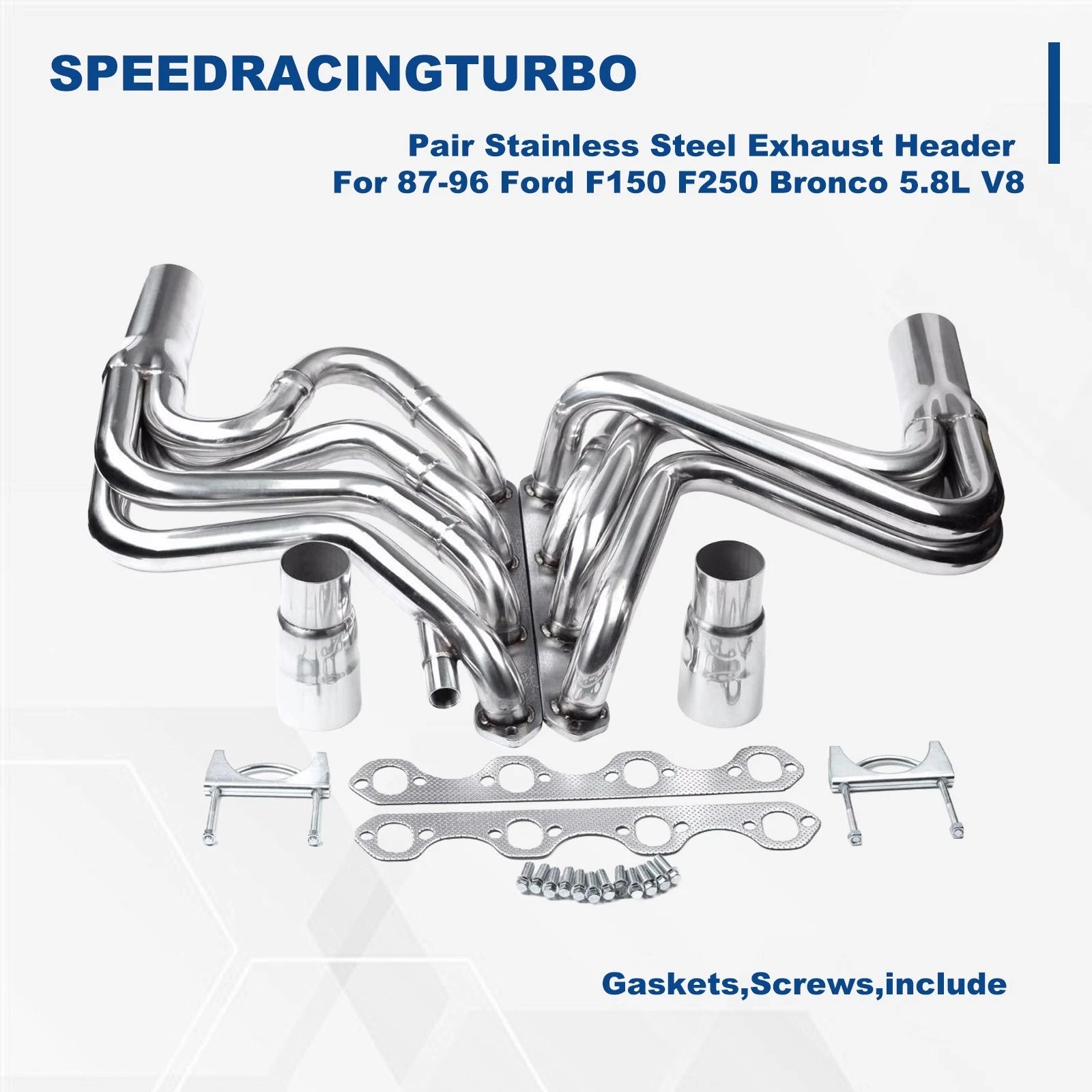 Pair Stainless Steel Exhaust Headers for Ford F150 F250 Bronco (1987–1996)
