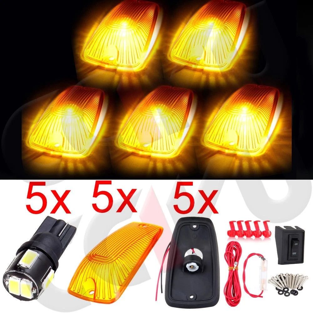 5X Amber Cab Marker Top Light Lamp w/ Base & White LED for GMC