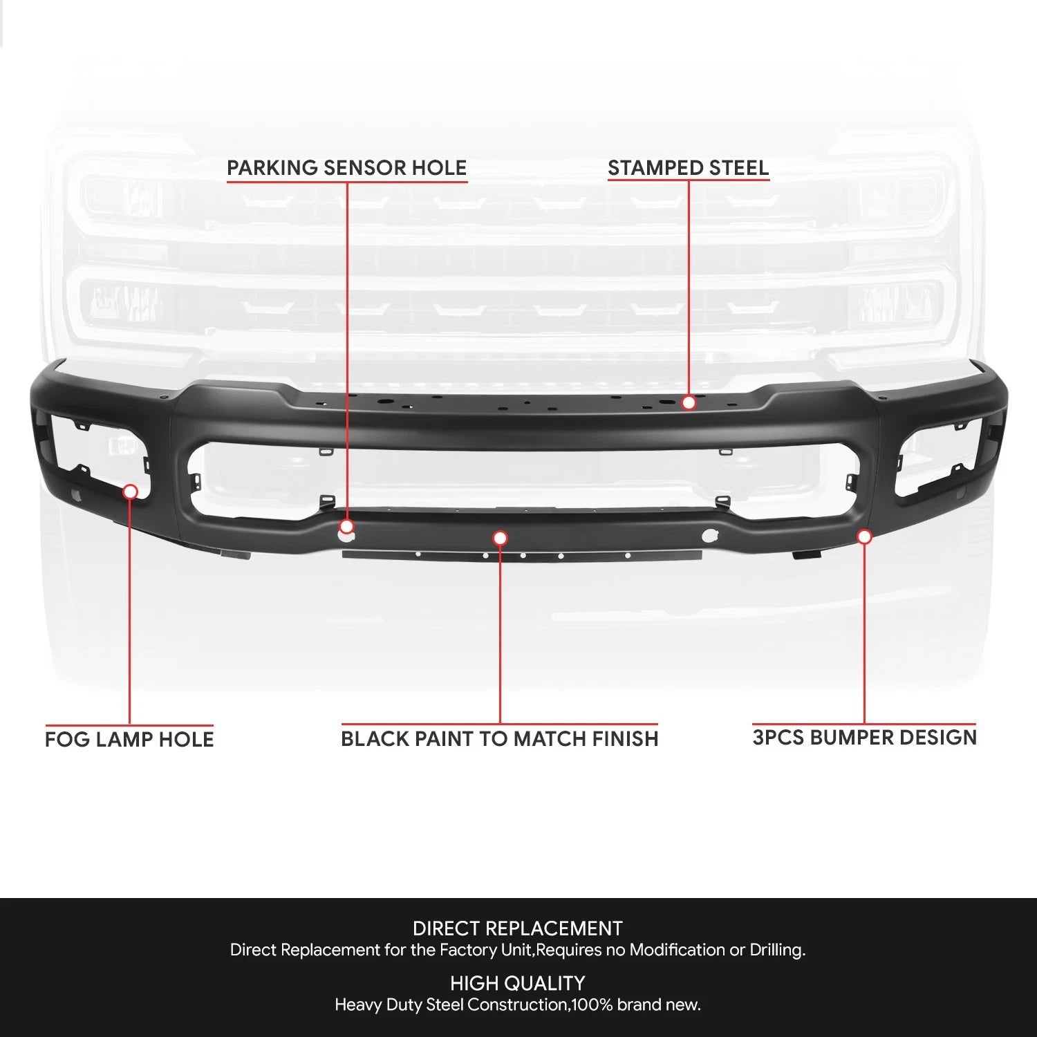 Front Bumper Face Bar for Ford F-250 F-350 SD (2023–2026) w/ Park Sensor Holes