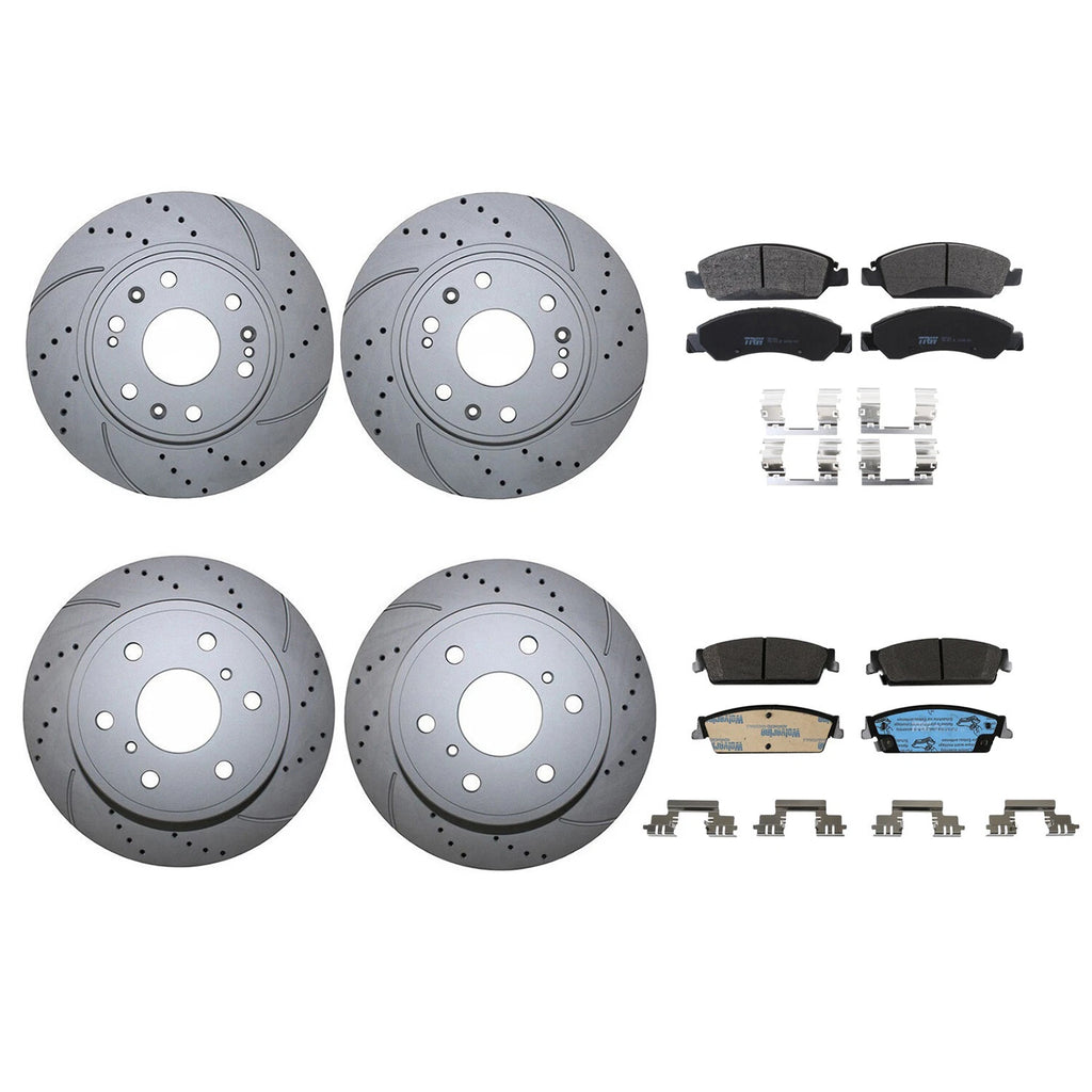 Front Rear Brake Kit with Drilled Rotors & TRW Pro Metallic Pads for Cadillac Chevy GMC