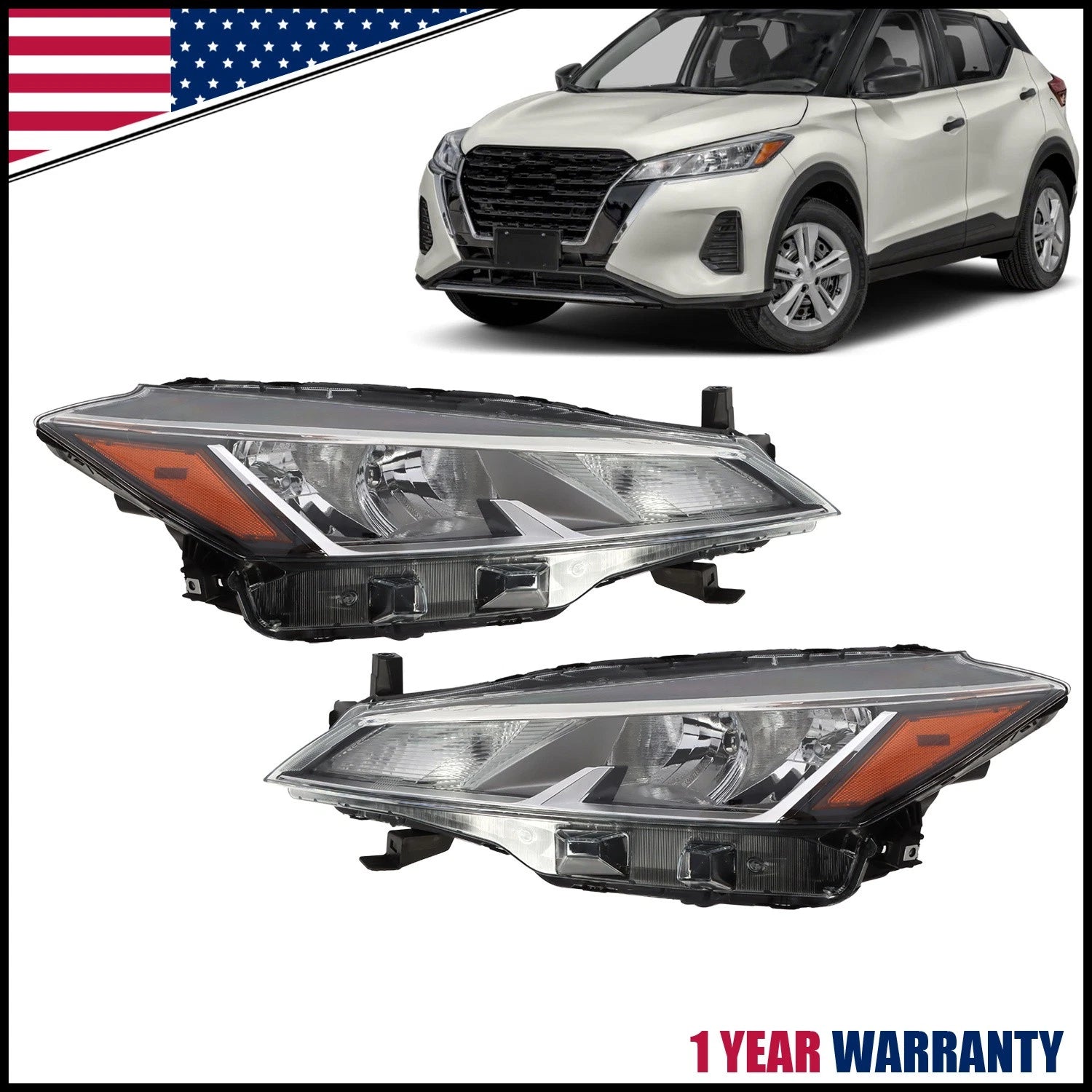 Set of 2 Halogen Headlights for Nissan Kicks (2021–2023) Chrome Left+Right