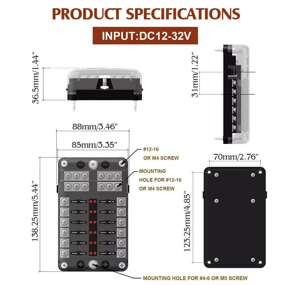 12-Way Blade Fuse Box Holder for Car Boat (12V 32V)