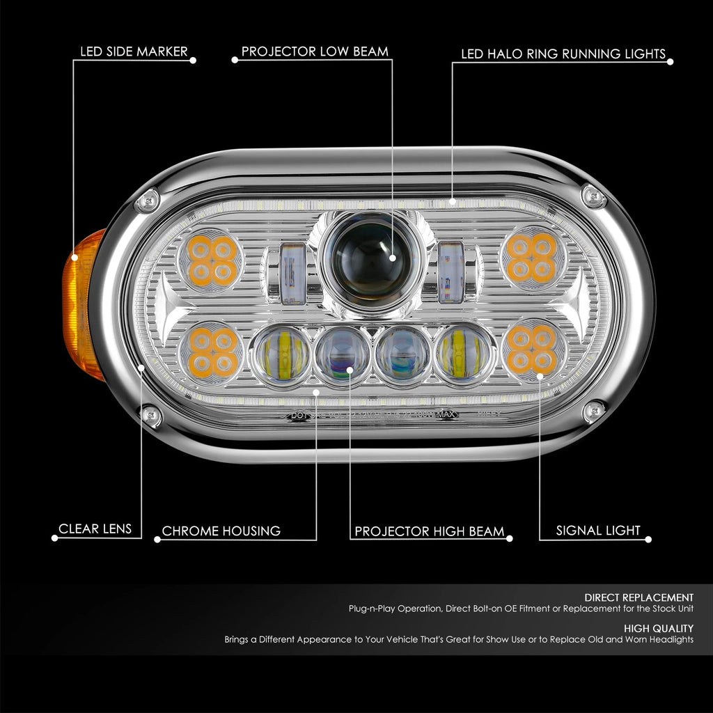 Chrome Amber Halo Ring LED Dual Projector Headlight for Peterbilt 359 (1967–1987)