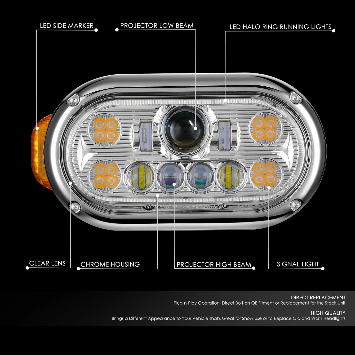 Chrome Amber Halo Ring LED Dual Projector Headlight for Peterbilt 359 (1967–1987)