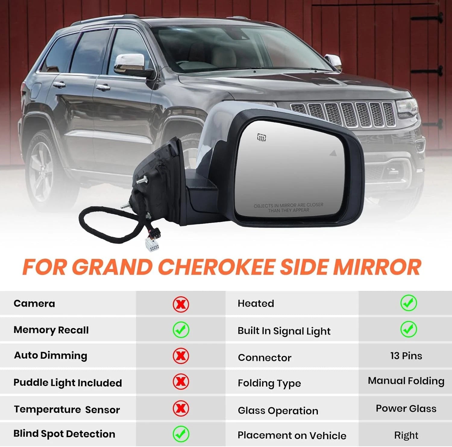 Chrome Heated Mirror for Jeep Grand Cherokee (2011–2022) 68236930AF