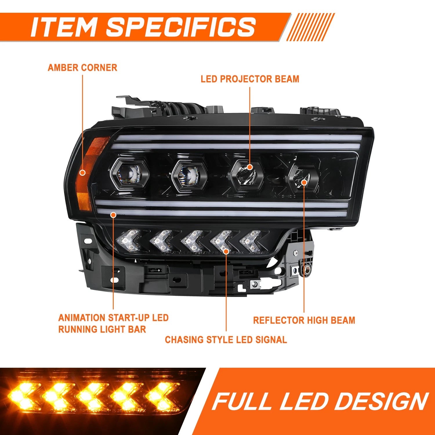 LED DRL Sequential Chasing Signal Projector Headlights for Ram 2500-5500 (2019–2024)