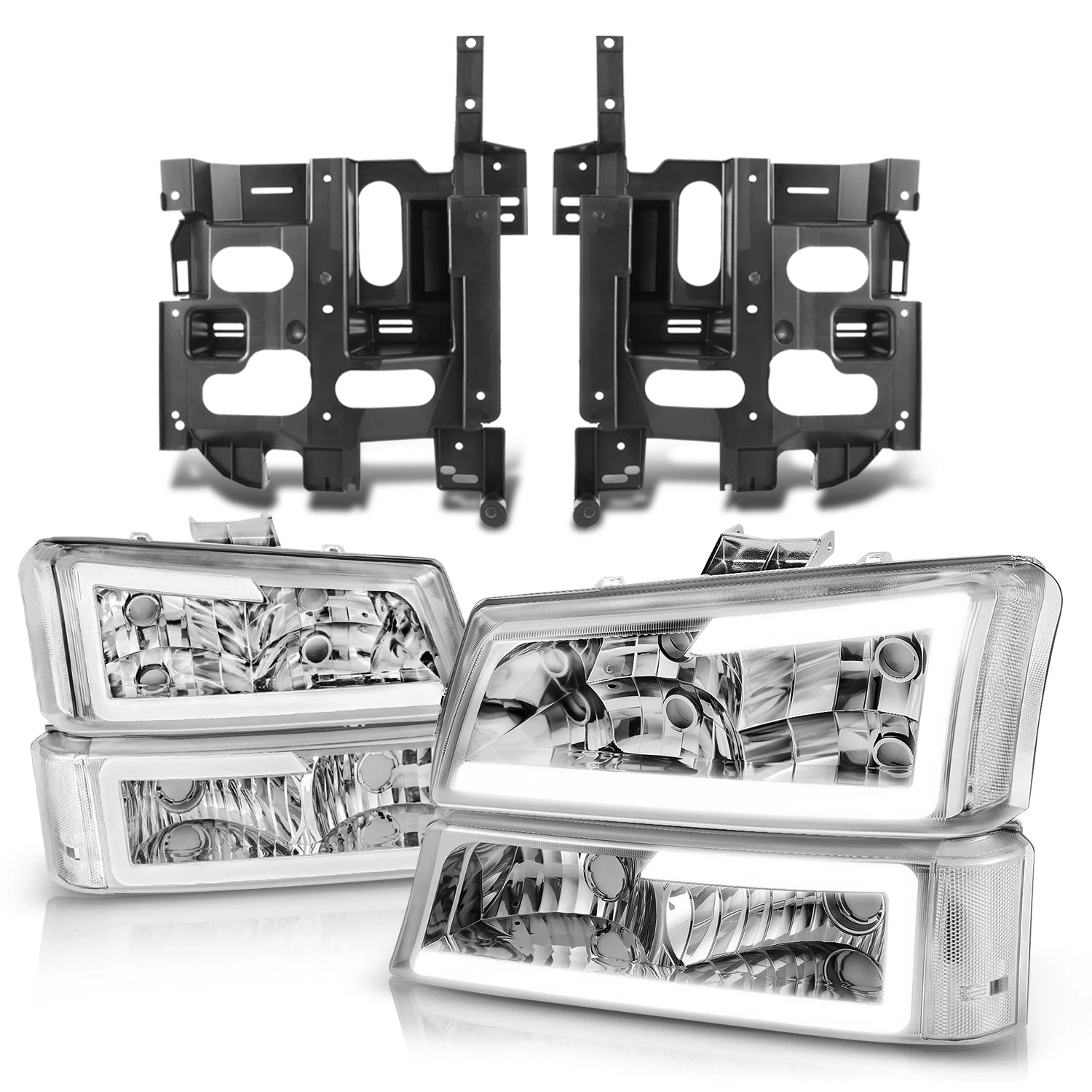 Chrome Clear LED DRL Headlights + Mounting Brackets for Avalanche Silverado (2003–2007)