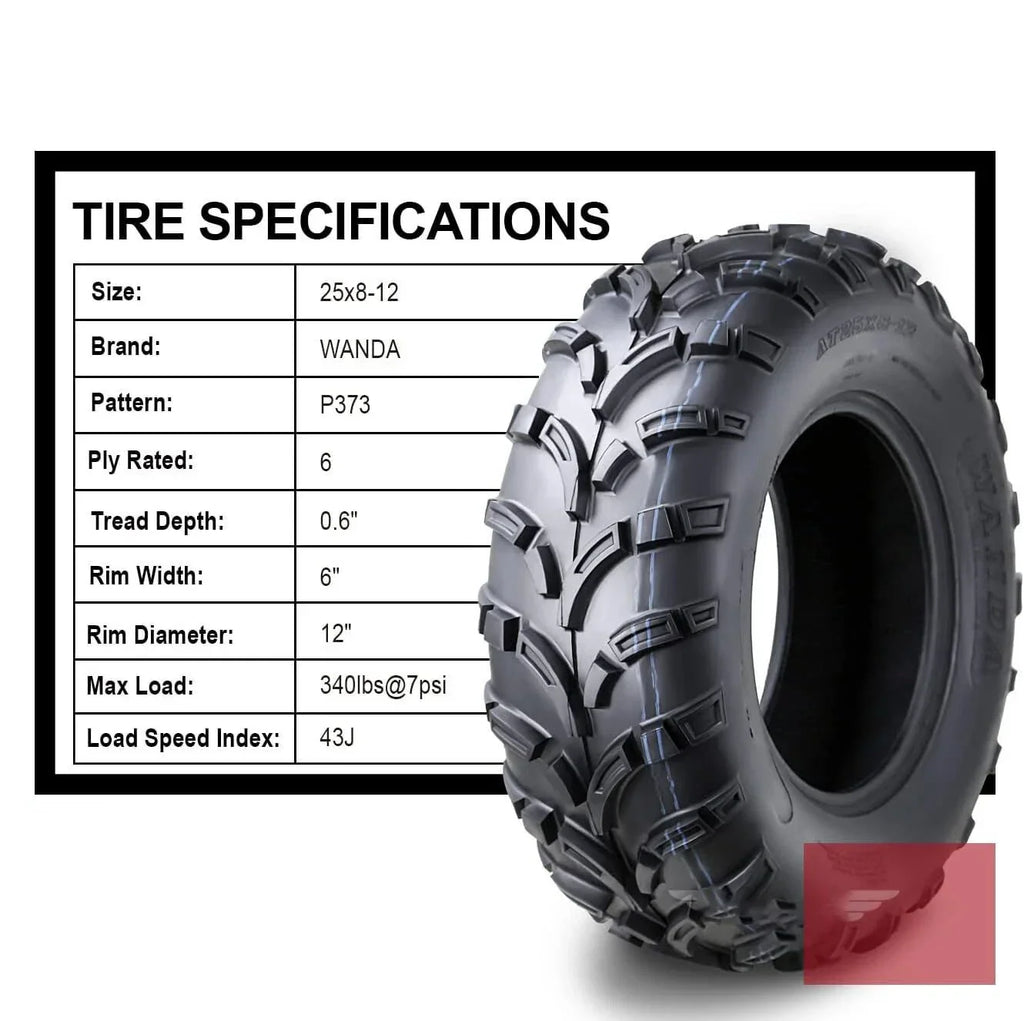 25x8-12 WANDA Front Tire for ATV, Mower, Buggy, Go Kart