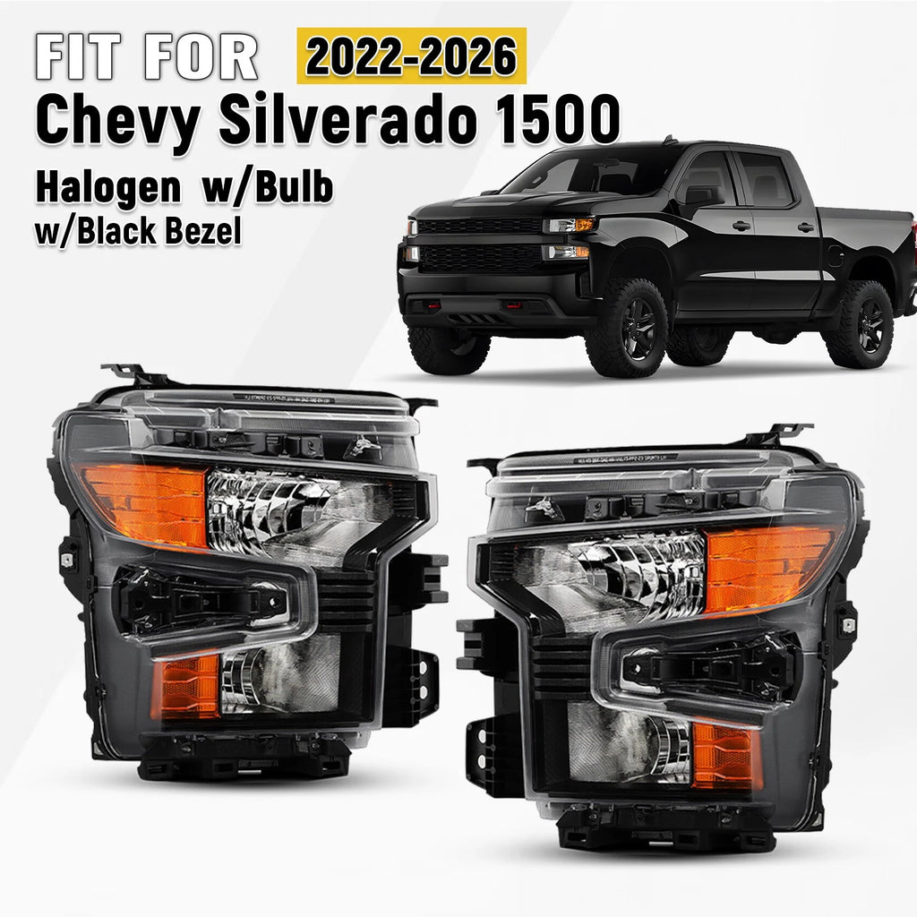 Halogen Headlight Pair for Chevy Silverado 1500 (2022–2026) w/Black Trim