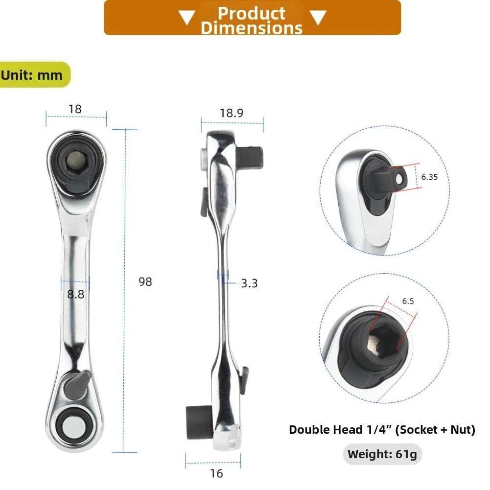 1/4 Inch Drive Mini Ratchet Wrench - Chrome Vanadium Steel, 72 Tooth
