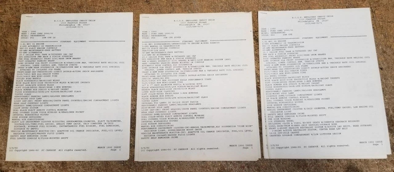 Factory Build Sheet for 1990 Thunderbird