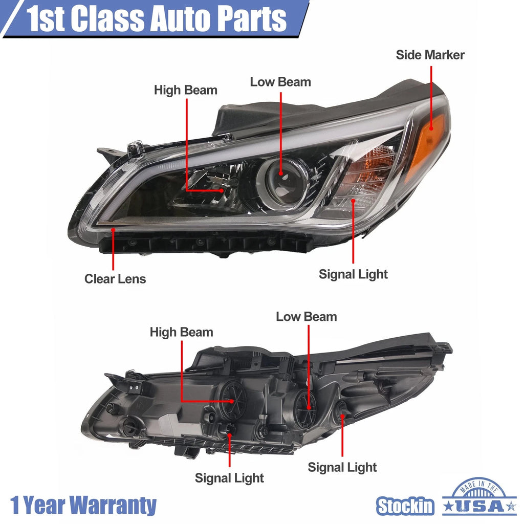 Headlight Assembly for Hyundai Sonata (2015-2017) Halogen Driver Left