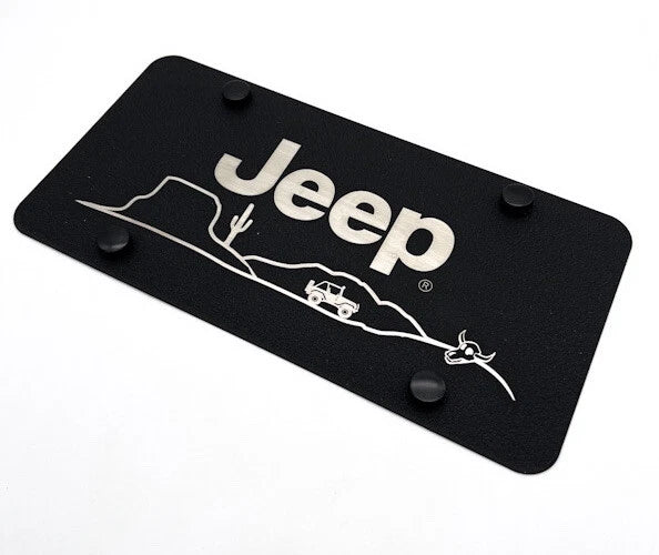 Black Stainless License Plate Holder with Jeep Script for Jeep Wrangler (2018–2024)