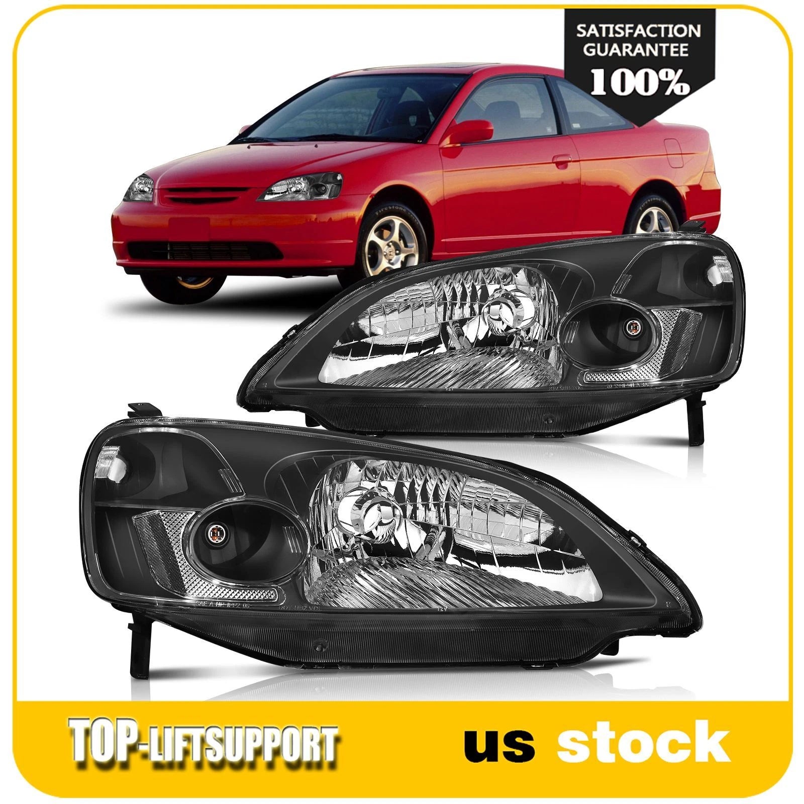 Set of 2 Reflector Headlights for Honda Civic (2001–2003)