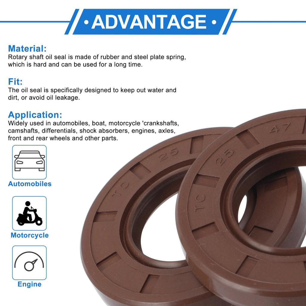 2X Oil Seal Rotary Shaft Seal for Various Models (25x47x7mm) FKM Rubber