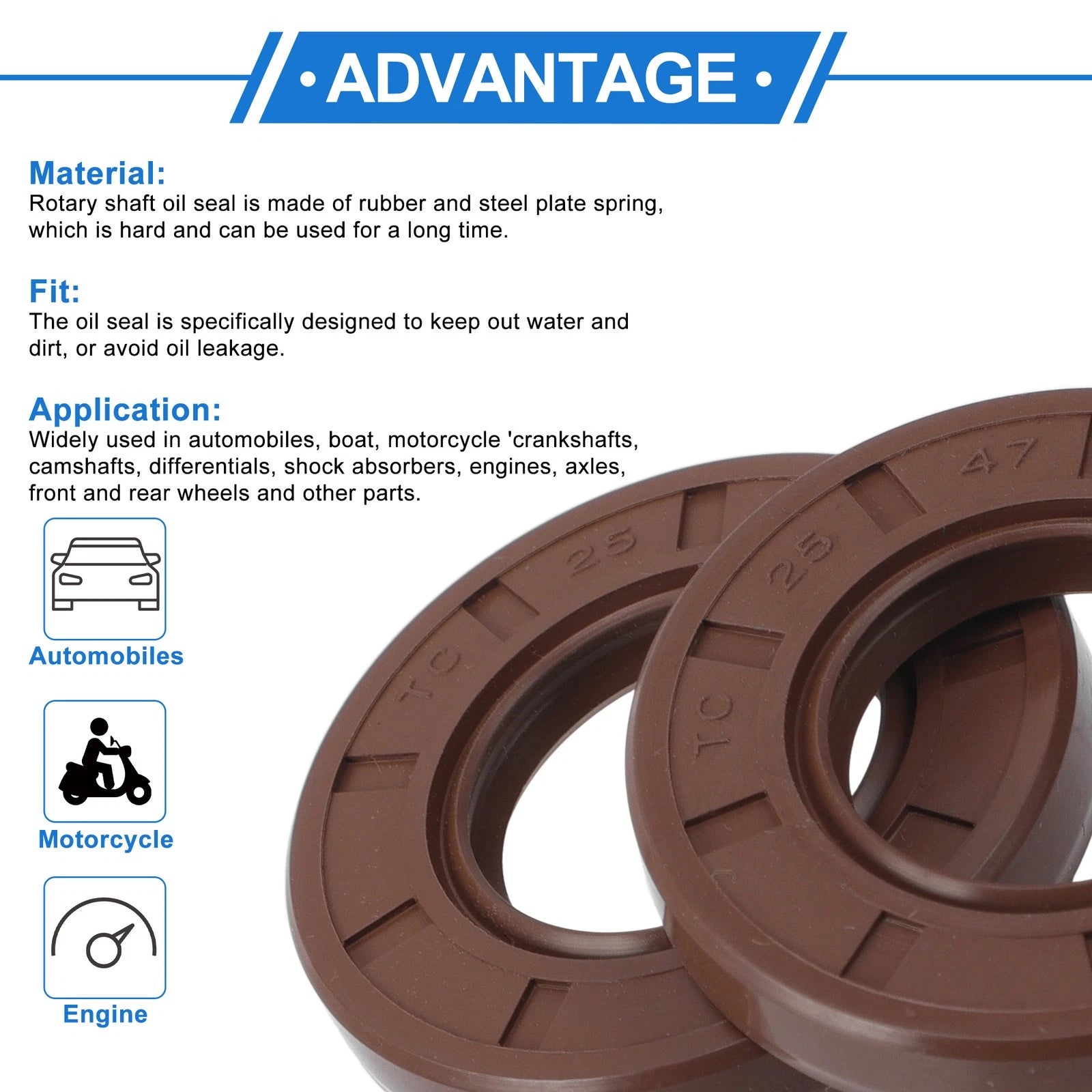 2X Oil Seal Rotary Shaft Seal for Various Models (25x47x7mm) FKM Rubber