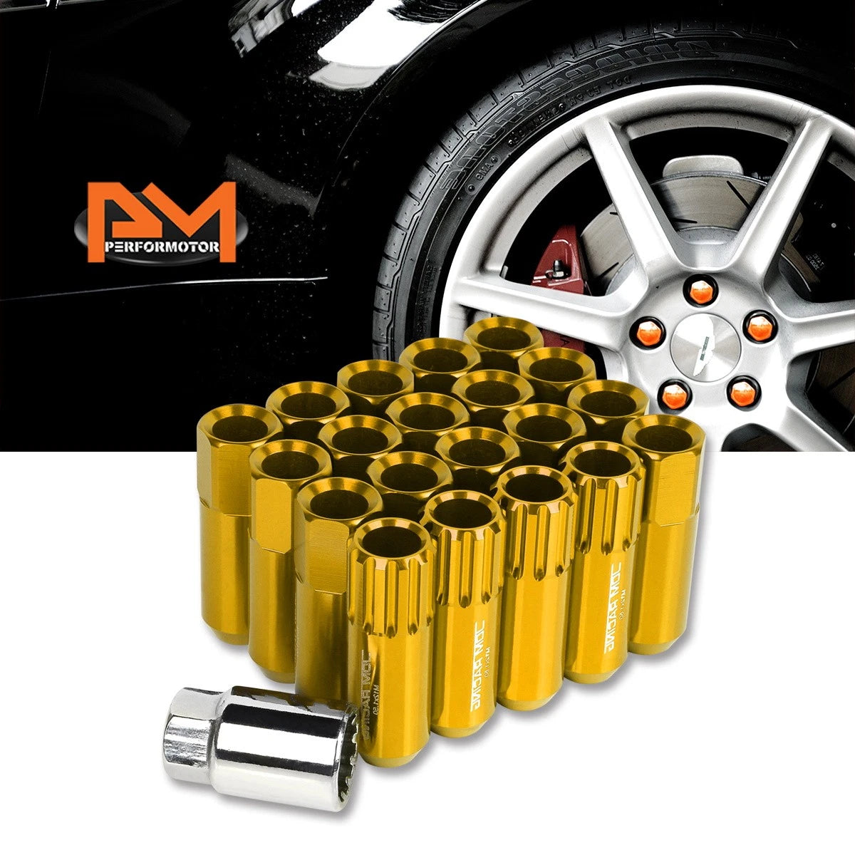 20Pc M12X1.5 Gold JDM Open End Aluminum Hex Lug Nuts + Spline Locks + Key
