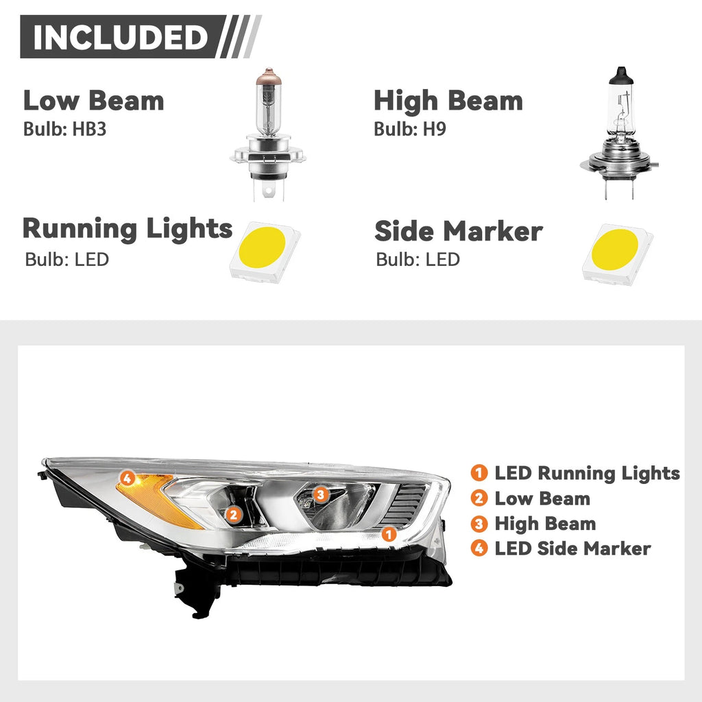 Halogen Headlight for Ford Escape (2017–2019) w/LED DRL Chrome Right Side