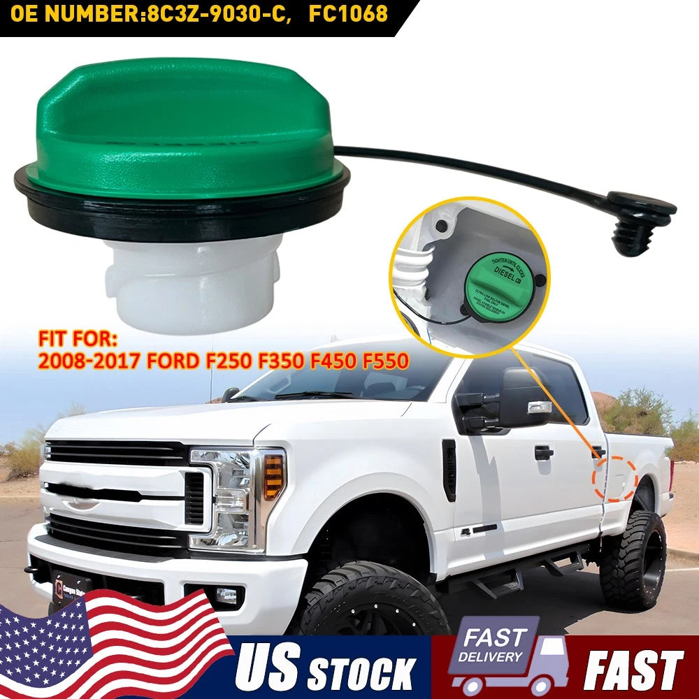 FC1068 Green Diesel Fuel Tank Gas Cap w Tether for Ford Super Duty (2009–2017)