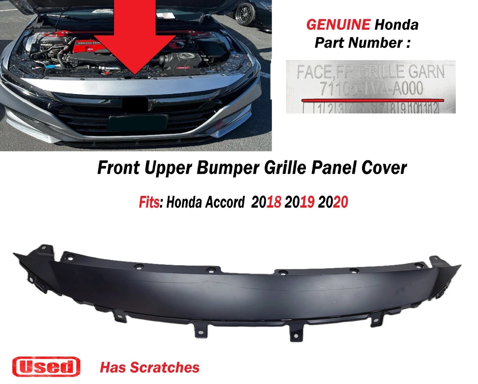 Front Bumper Upper Grille Panel Cover for Honda Accord (2018–2020) 71105-TVA-A000