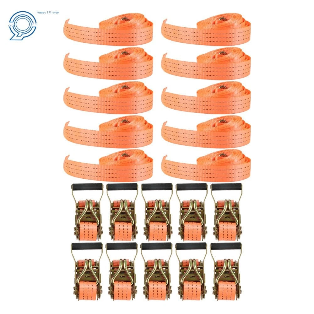 Set of 10 Ratchet Straps 1.5" x 15' 4000-lbs J Hook Tie Downs Orange
