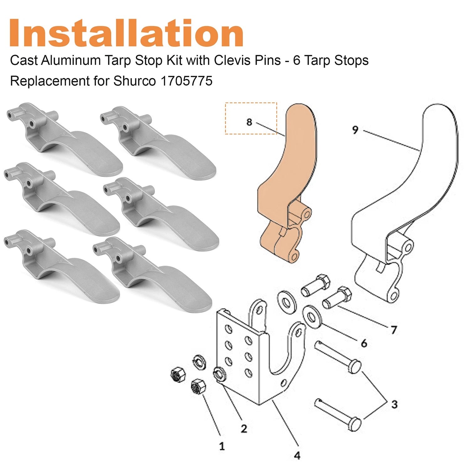 Set of 6 Easy-Off Cast Aluminum Offset Tarp Stop Upright Kit for