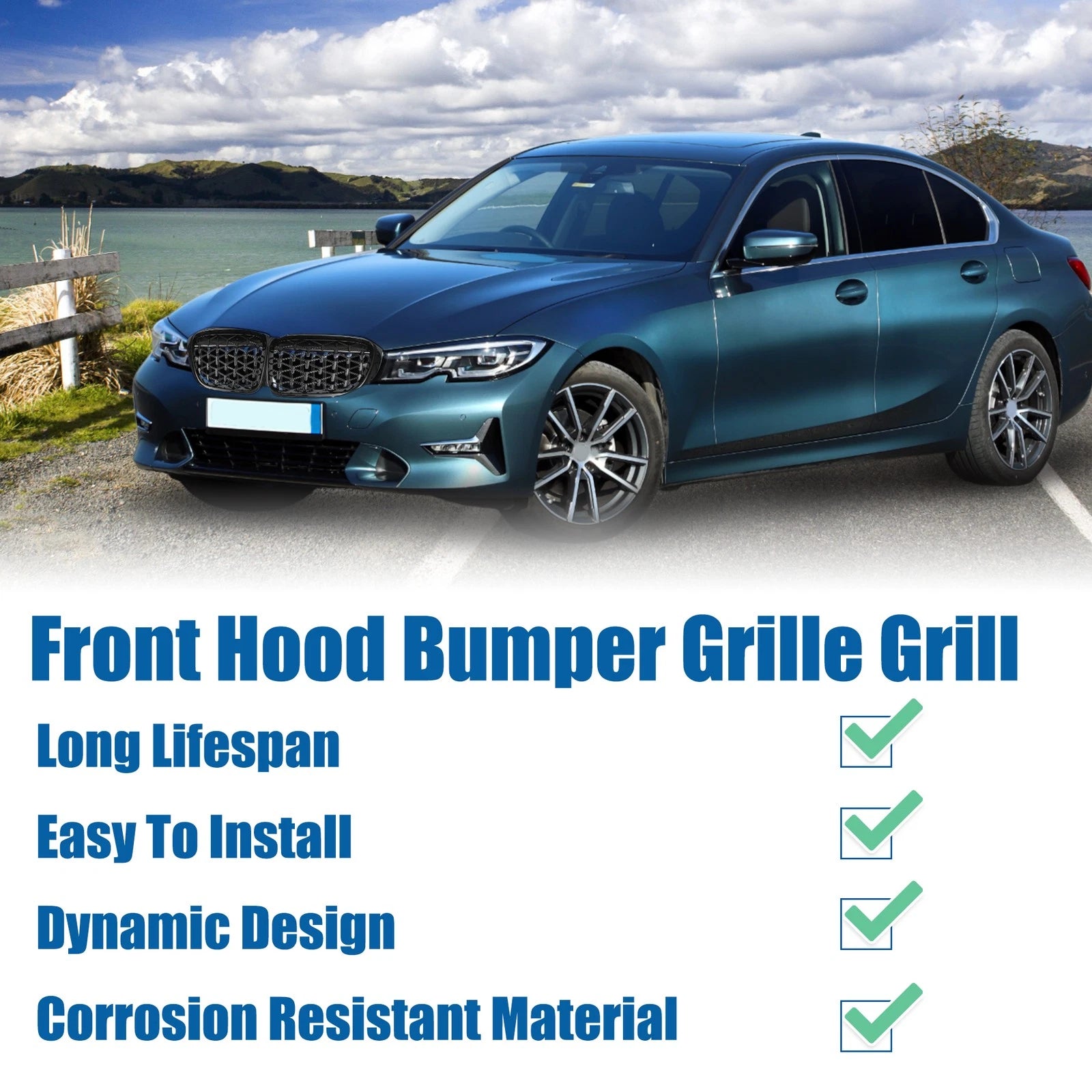Front Hood Bumper Grille for BMW 330i 330e M340i XDrive (2019–2023) Gloss Black