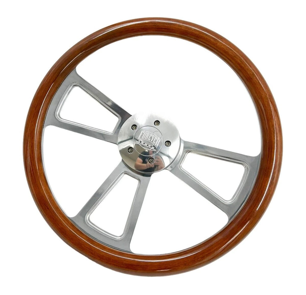 Polished 5 Hole Steering Wheel Dark Wood Wrap for Peterbilt Kenworth (18")