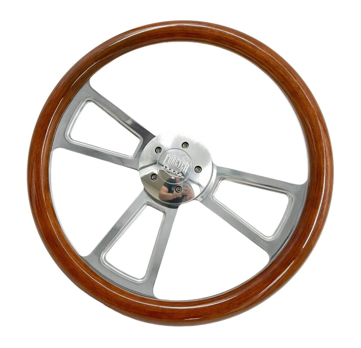 Polished 5 Hole Steering Wheel Dark Wood Wrap for Peterbilt Kenworth (18")