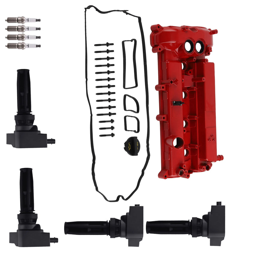 Red Valve Cover + 4 Ignition Coils for Ford Edge Focus 2.0L 2.3L (2012–2018)