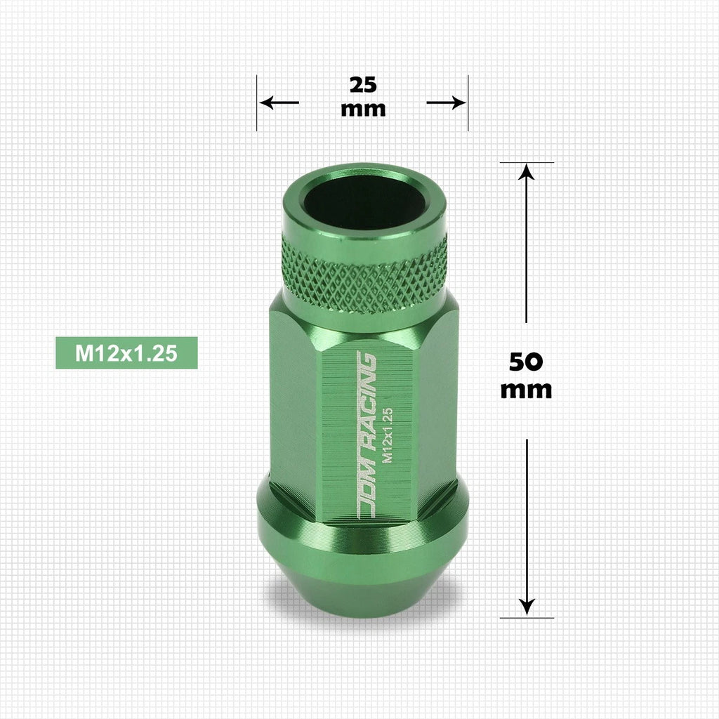 20Pc M12X1.25 Green JDM Open End Cone Hex Lug Nuts + Extension 25mmx50mm