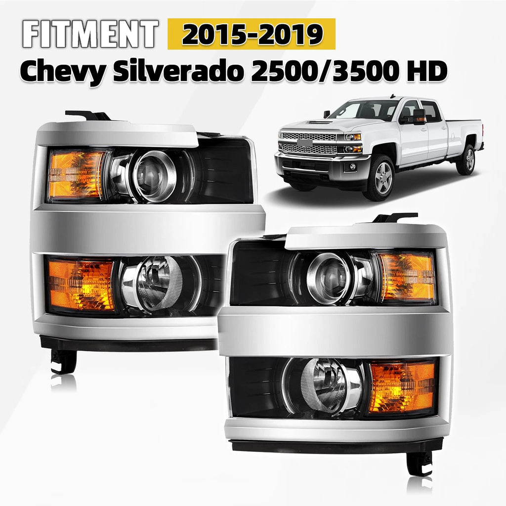 Chrome Headlights for Chevy Silverado 2500HD 3500 HD (2015–2019) L+R