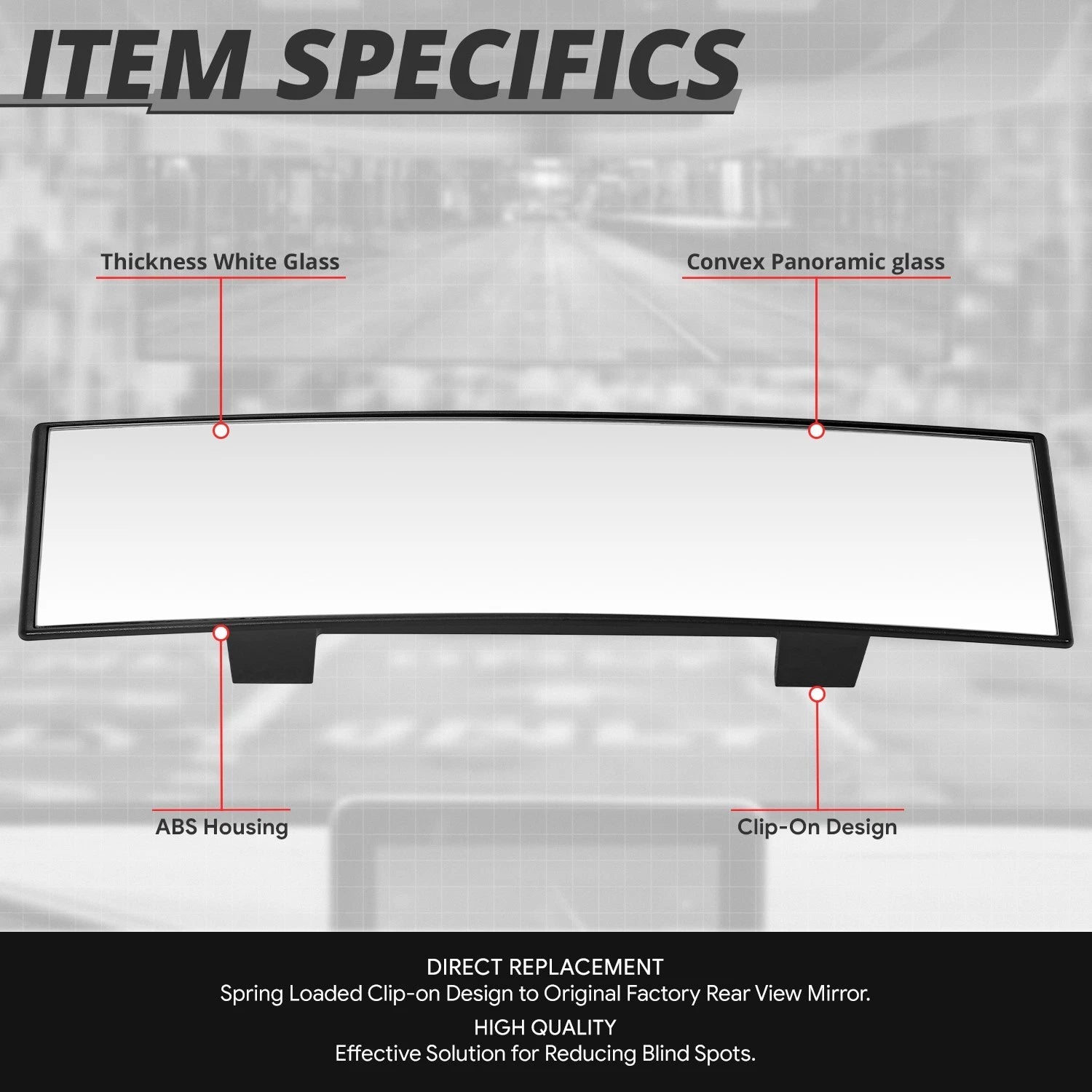 Universal 11" Convex Panoramic Wide Angle Rear View Mirror Glass