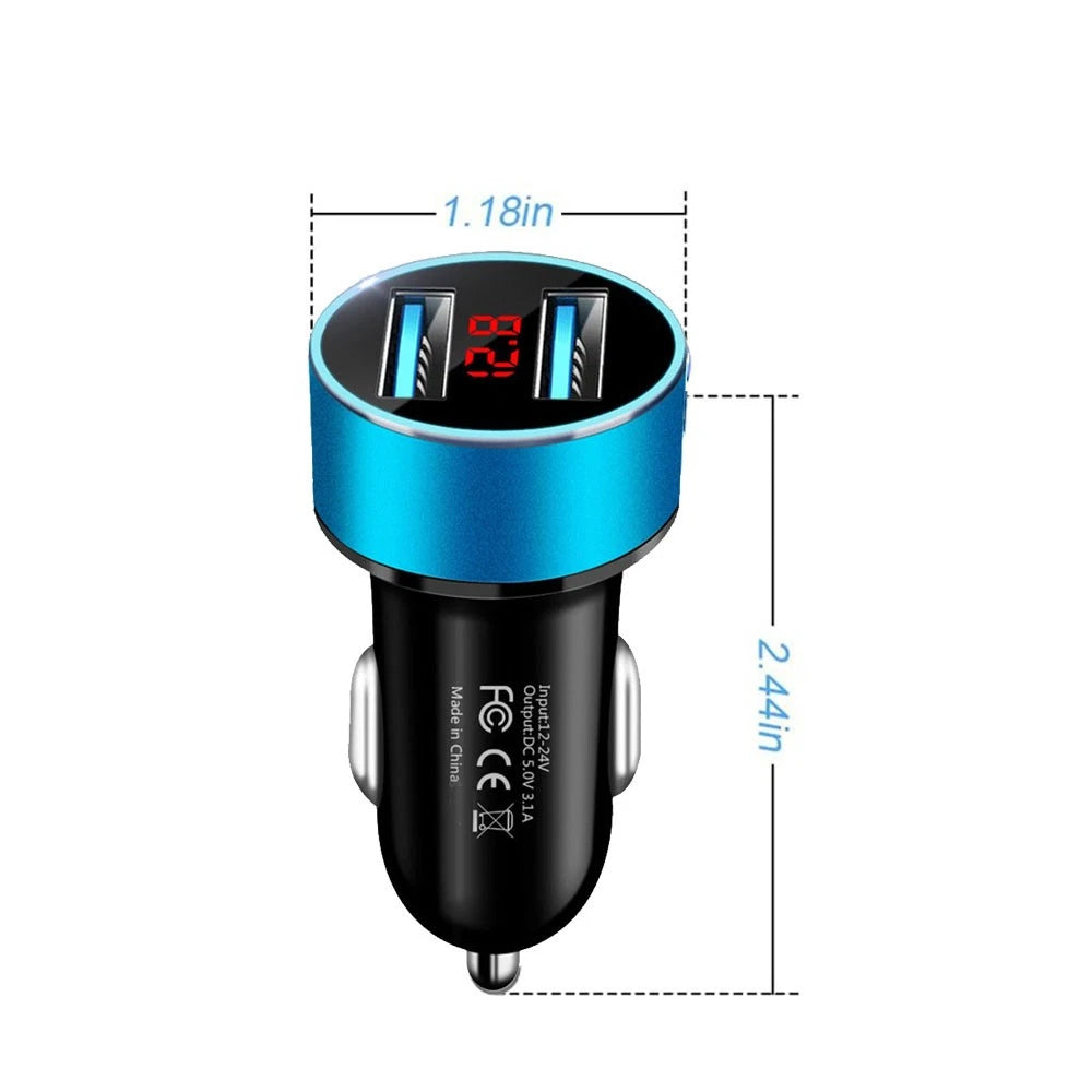 Dual USB 3.1A Car Phone Charger with LED Voltmeter for Universal Vehicles (12V/24V)