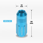 Set of 20 M12X1.5 Sky Blue JDM Closed End Cone Hex Wheel Lug Nuts + Extension 20mm x 50mm